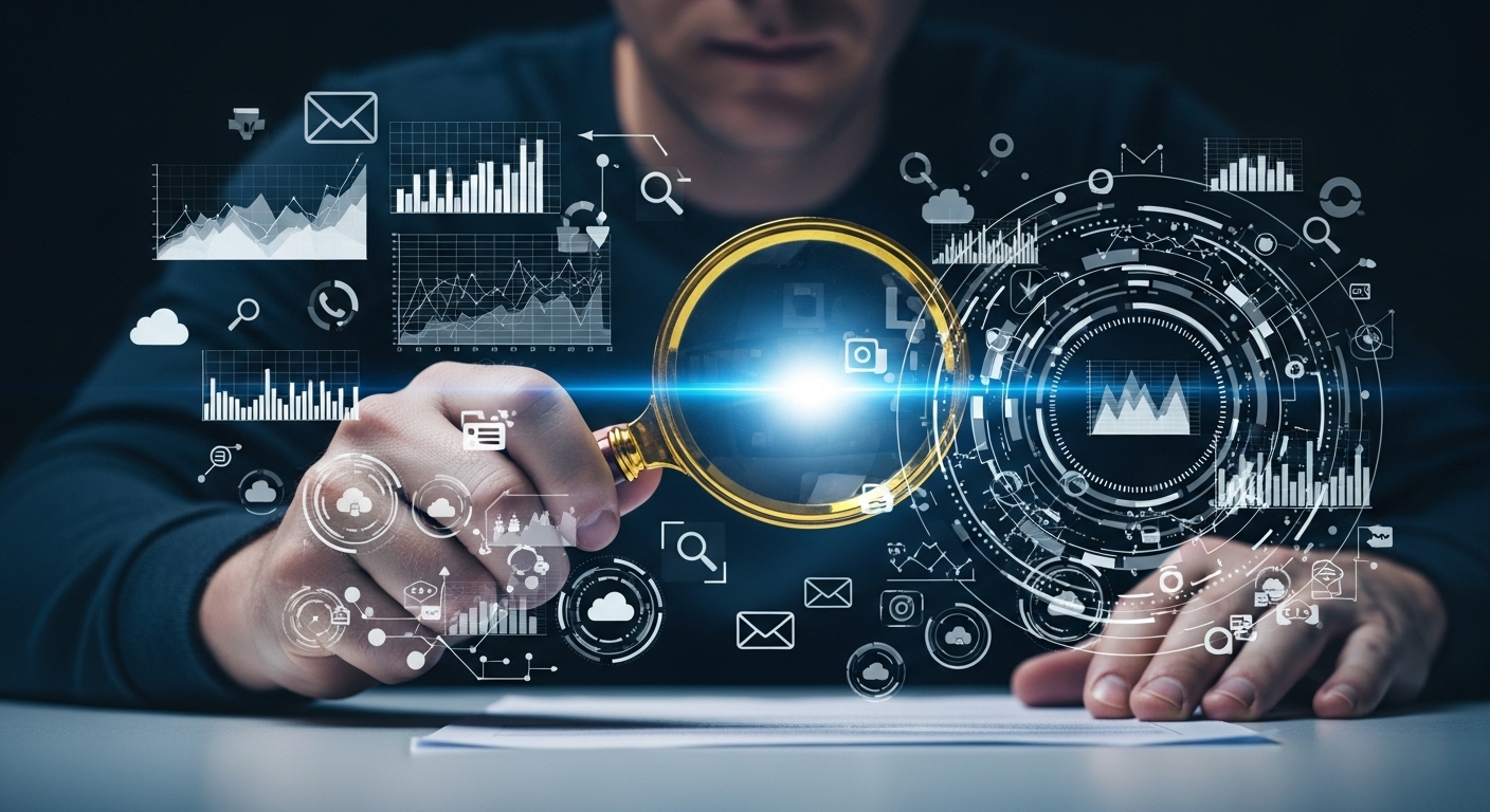 Homem com lupa examinando um gráfico digital e ícones de dados, representando a identificação de nichos de mercado e análise de informações.