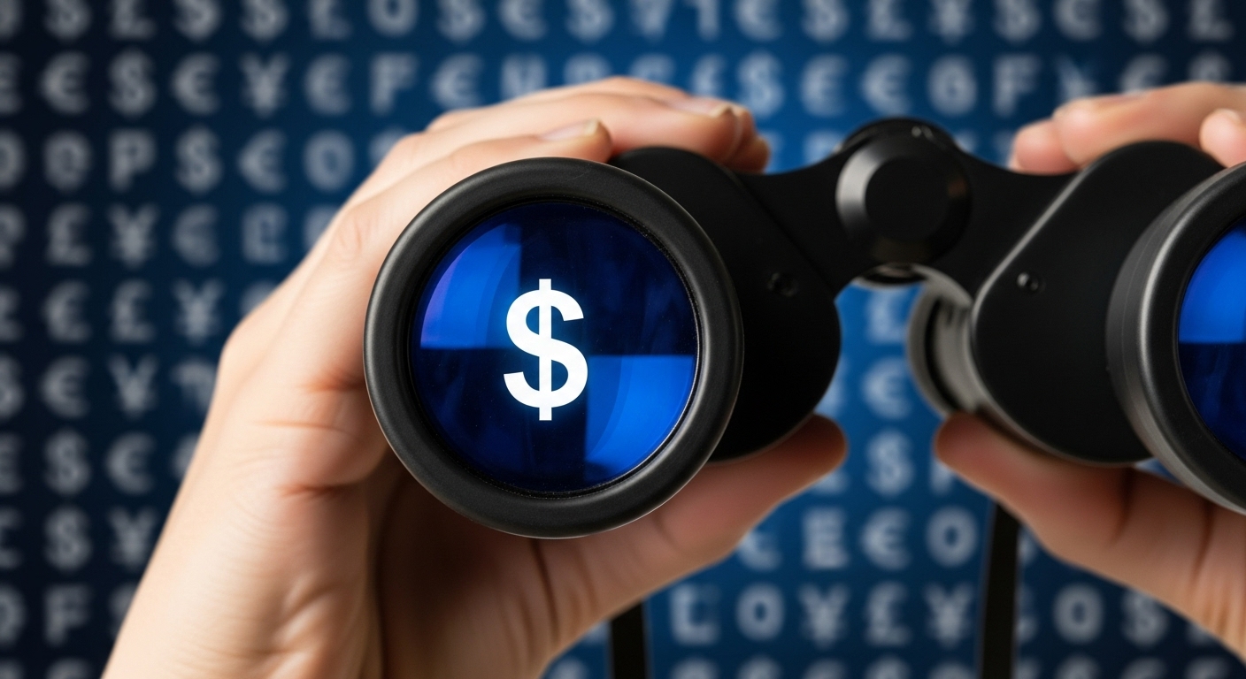 Duas mãos segurando um binóculo, com um cifrão ($) branco visível na lente direita, sobre um fundo borrado de letras e símbolos. A imagem sugere a busca e identificação de nichos de mercado lucrativos.