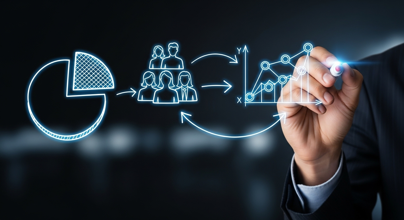 Um profissional desenha digitalmente um diagrama que representa a segmentação de mercado, mostrando um gráfico de pizza, um grupo de avatares de pessoas e um gráfico de linha crescente. A imagem ilustra a identificação e o desenvolvimento de nichos de mercado.
