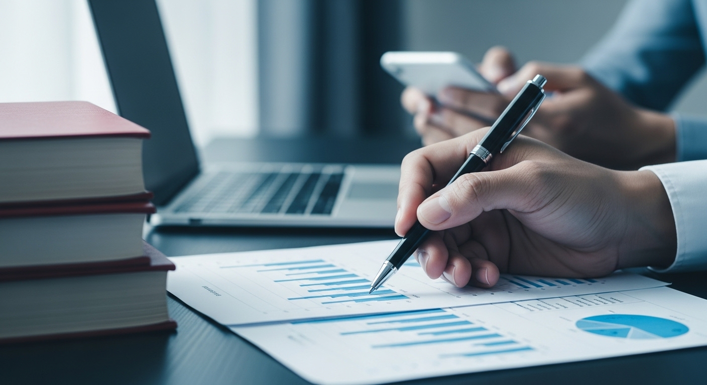 Pessoas analisando documentos com gráficos e dados em uma mesa de escritório, com um laptop e livros ao fundo. A imagem representa a análise de informações para identificar nichos de mercado e oportunidades.