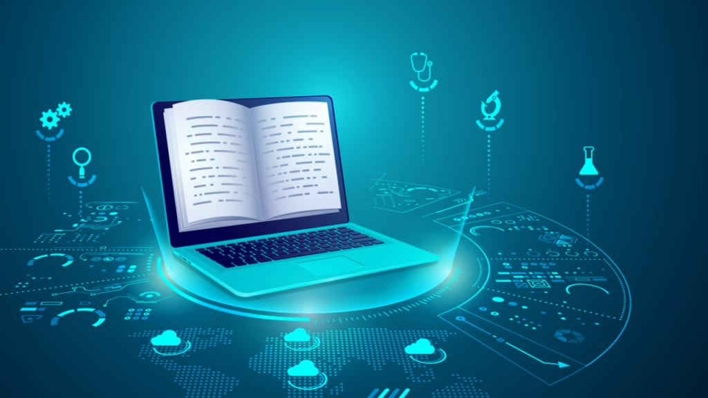Um laptop aberto exibindo um livro digital em sua tela, cercado por uma rede de linhas conectando vários ícones relacionados a ciência e tecnologia, como engrenagens, estetoscópio, microscópio, tubo de ensaio e nuvens, tudo em tons de azul e ciano. A imagem sugere a distribuição e o acesso ao conhecimento e a Mini Produtos Digitais educativos no ambiente digital.