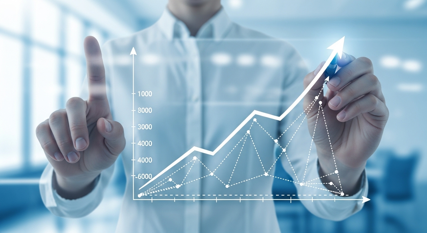 O gráfico mostra um crescimento significativo, com valores positivos e uma linha pontilhada que parece indicar projeções ou metas. O fundo é um escritório moderno e embaçado, com tons de azul e branco, sugerindo um ambiente corporativo. A imagem transmite a ideia de análise de dados, crescimento financeiro e otimização de desempenho, aspectos cruciais para a venda e gestão de Produtos de Ticket Alto.