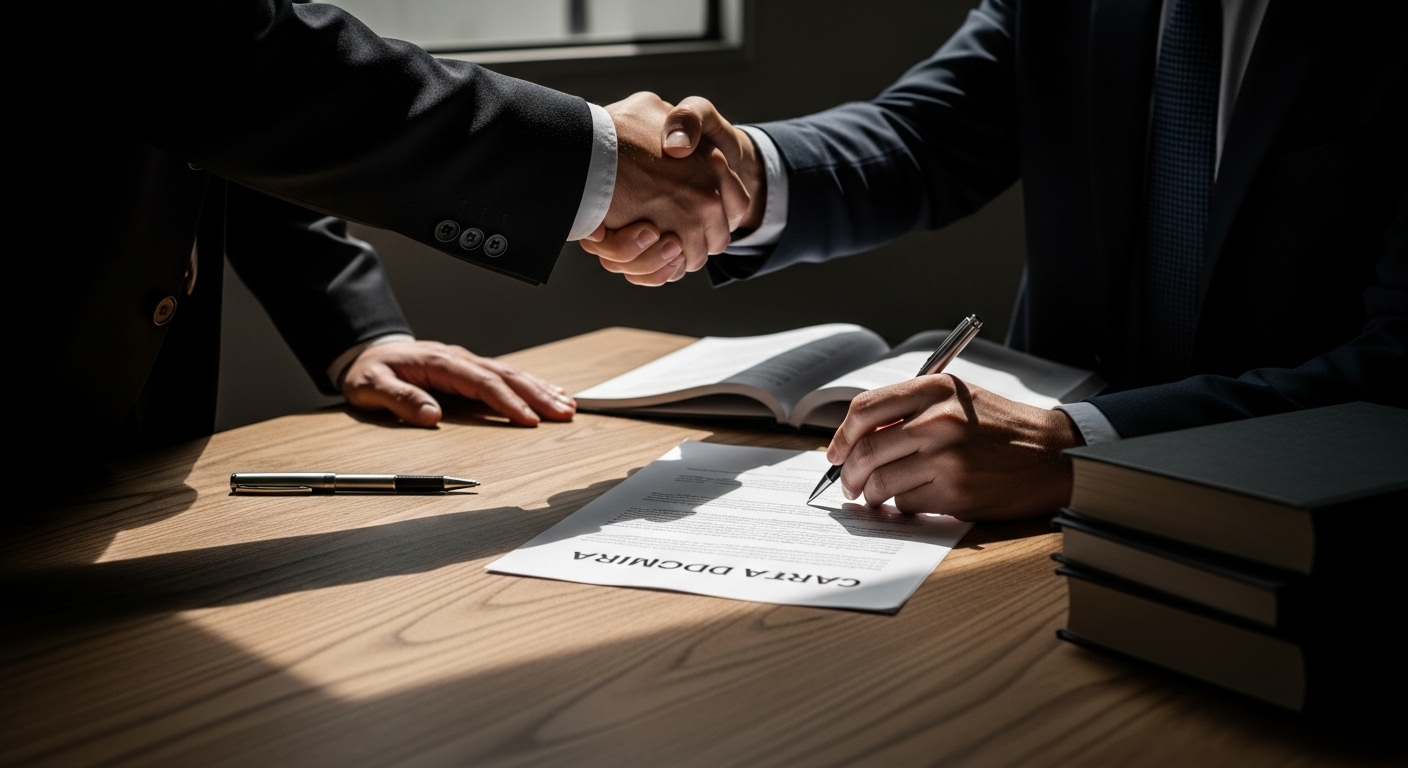 Dois profissionais apertando as mãos enquanto um contrato é assinado, simbolizando a conversão final após uma oferta Tripwire no funil de vendas.