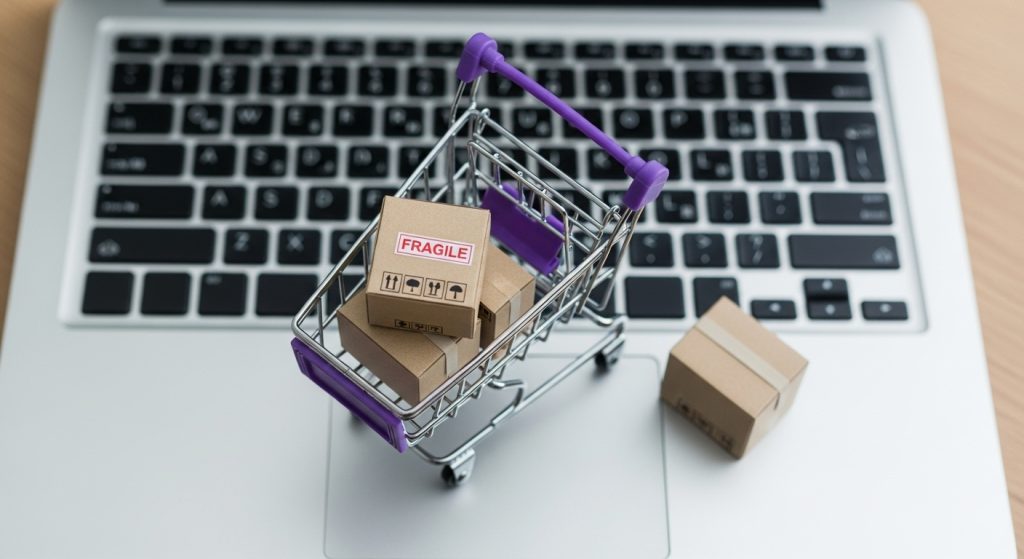Um carrinho de compras em miniatura cheio de caixas de papelão, algumas com o selo "FRAGILE", repousa sobre o teclado de um laptop. Há também uma caixa de papelão solta ao lado do carrinho. A imagem simboliza a compra e venda de Mini Produtos Digitais online.