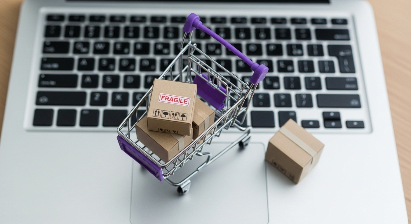 Um carrinho de compras em miniatura cheio de caixas de papelão, algumas com o selo "FRAGILE", repousa sobre o teclado de um laptop. Há também uma caixa de papelão solta ao lado do carrinho. A imagem simboliza a compra e venda de Mini Produtos Digitais online.