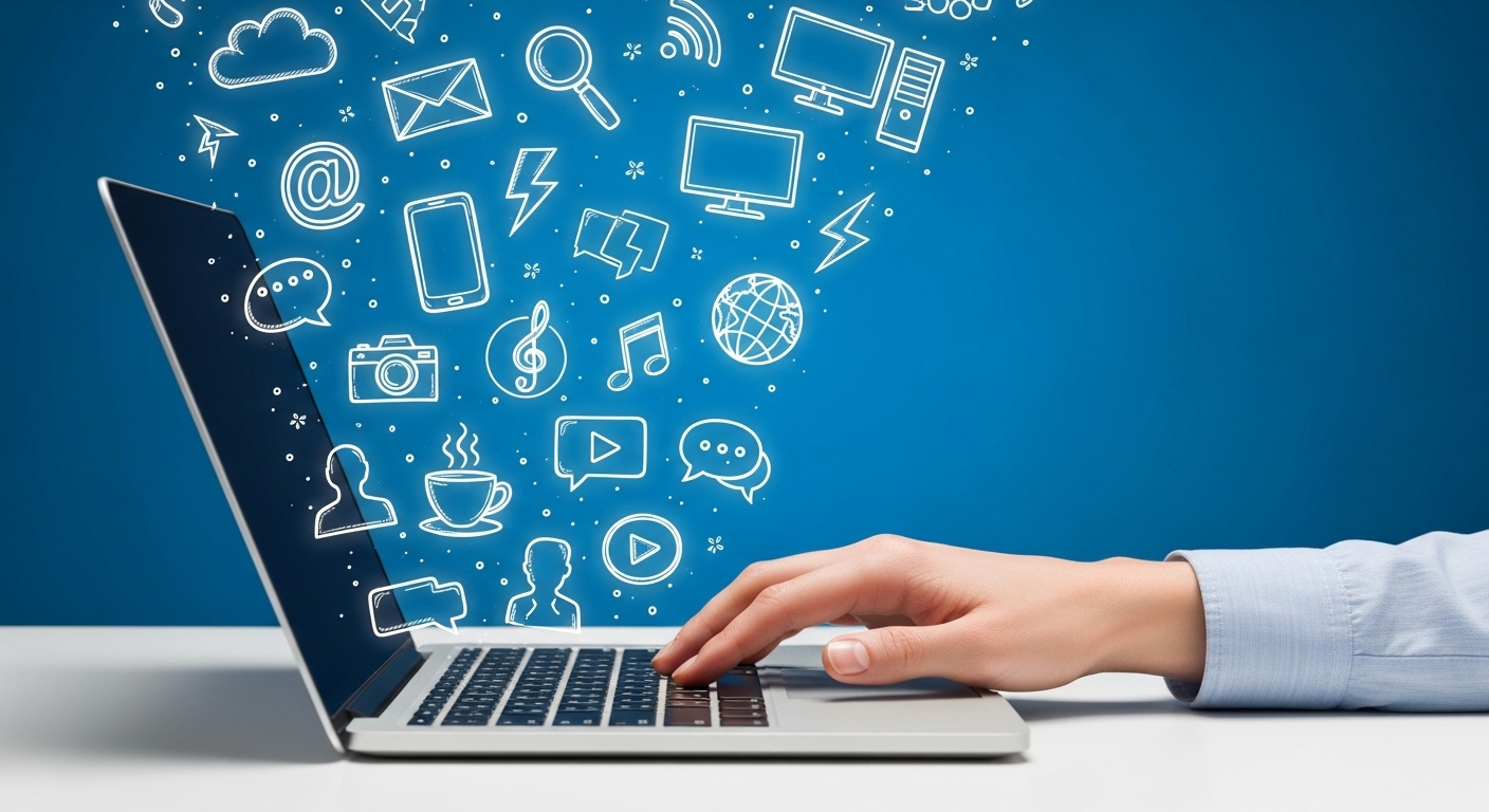 Uma mão digitando em um laptop, de onde emergem diversos ícones de nuvem, email, lupa, computador, mensagem, câmera, música, globo e outros, todos em formato de desenho em linha branca sobre um fundo azul vibrante. A imagem representa a criação e o consumo de Mini Produtos Digitais e conteúdos online.
