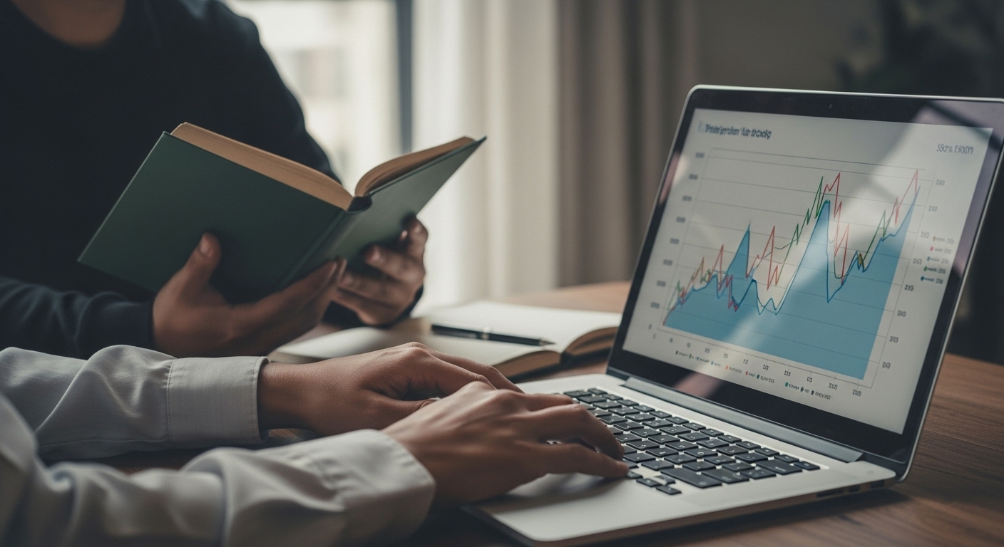 Cena de trabalho colaborativo com um laptop mostrando um gráfico de 'tráfego' e um livro sendo consultado. Isso simboliza a busca por insights e a importância da análise para melhorar o 'tráfego' online local."