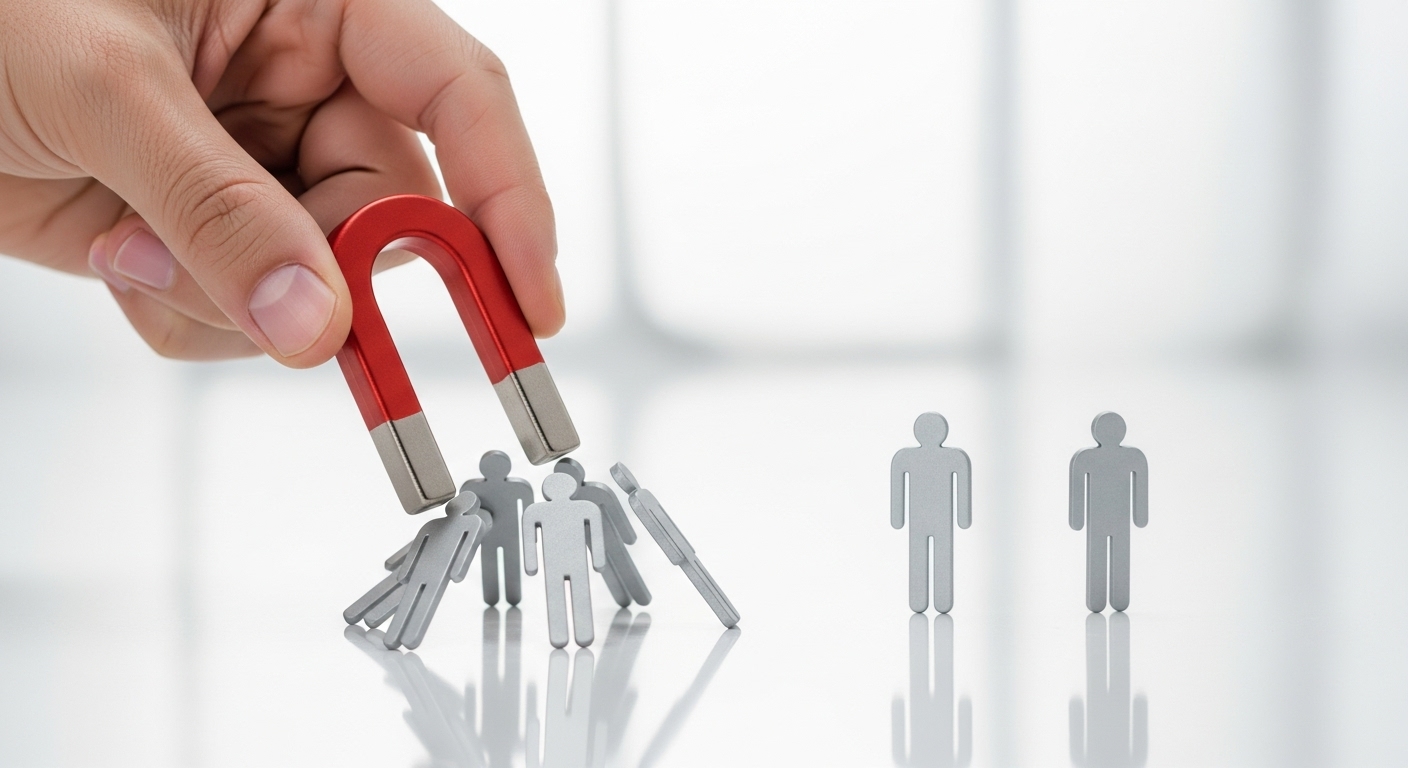 O poder de atração de um Lead Magnet é visualizado por um ímã vermelho puxando um grupo de miniaturas de pessoas, enquanto outras ficam à distância, representando a capacidade de converter interesse em novos contatos.