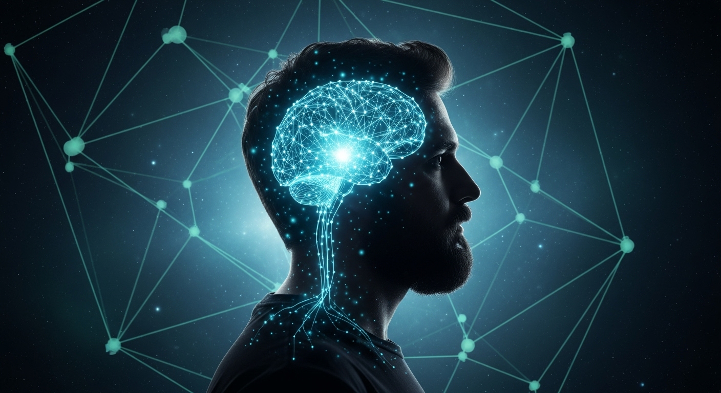 Silhueta de um homem com um cérebro digital brilhante e uma rede neural ao fundo. Pode simbolizar o poder do pensamento ou da ideia que serve como um Lead Magnet para atrair o interesse e a inteligência das pessoas.