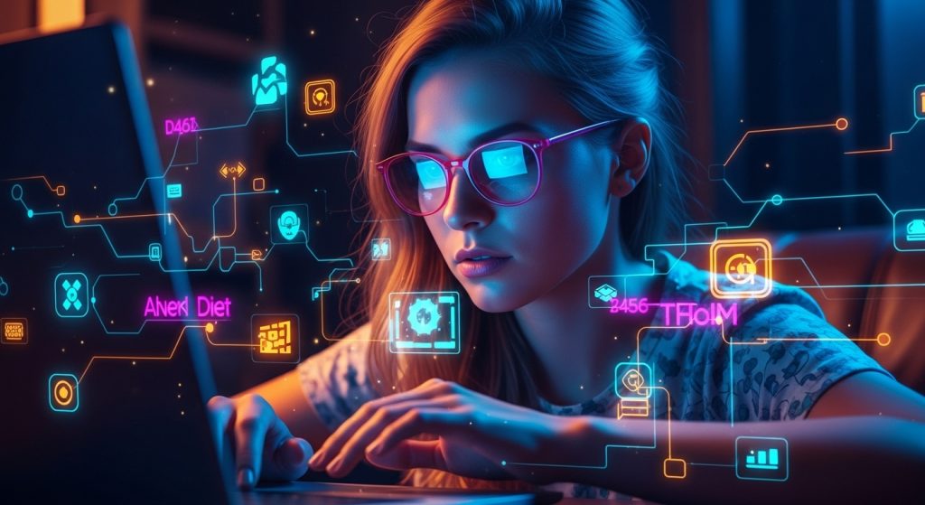 Cena futurista de uma profissional criando conteúdo digital em um laptop, cercada por informações e dados virtuais. Isso simboliza a inovação e a imersão no mundo do 'marketing de conteúdo'.