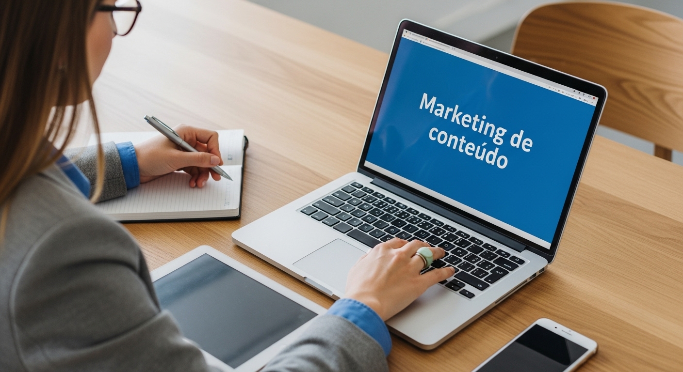 Tela de laptop com a frase 'Marketing de conteúdo' em destaque, ao lado de uma pessoa planejando em um caderno. Isso simboliza a estratégia e o desenvolvimento de materiais de 'marketing de conteúdo'.