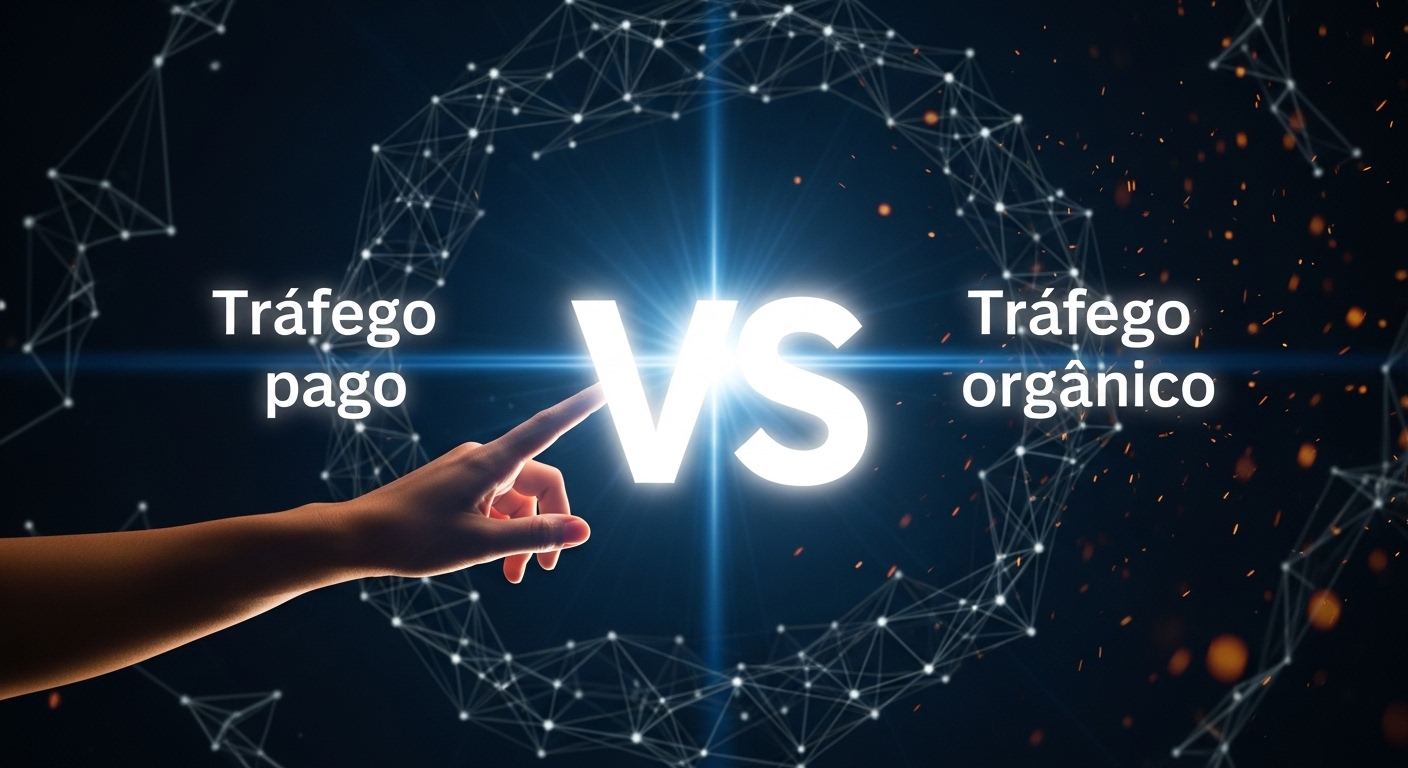 Cenário digital com a disputa visual entre 'Tráfego pago' e 'Tráfego orgânico'. Isso simboliza a decisão estratégica que empresas em Rio Branco, Acre precisam tomar para aumentar o 'tráfego' para suas plataformas online.