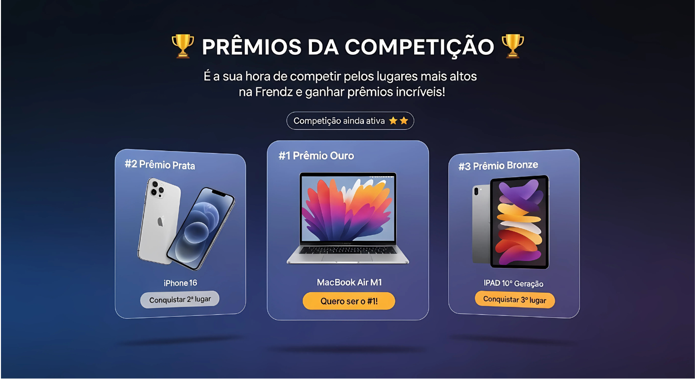 Imagem mostra os 3 prêmios que a Frendz está oferecendo nessa competição de sellers que vai até o dia 15 de Setembro.