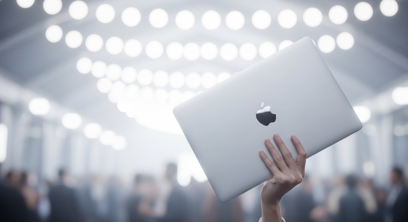 A mão de uma pessoa ergue um notebook da Apple, que brilha com a luz de um ambiente interno. Ao fundo, uma multidão de pessoas em um evento, com as silhuetas desfocadas por luzes brilhantes no teto, cria a atmosfera de um lançamento ou de uma premiação. A imagem simboliza a competição no mercado de tecnologia, onde empresas como a Apple buscam se destacar e inovar constantemente.