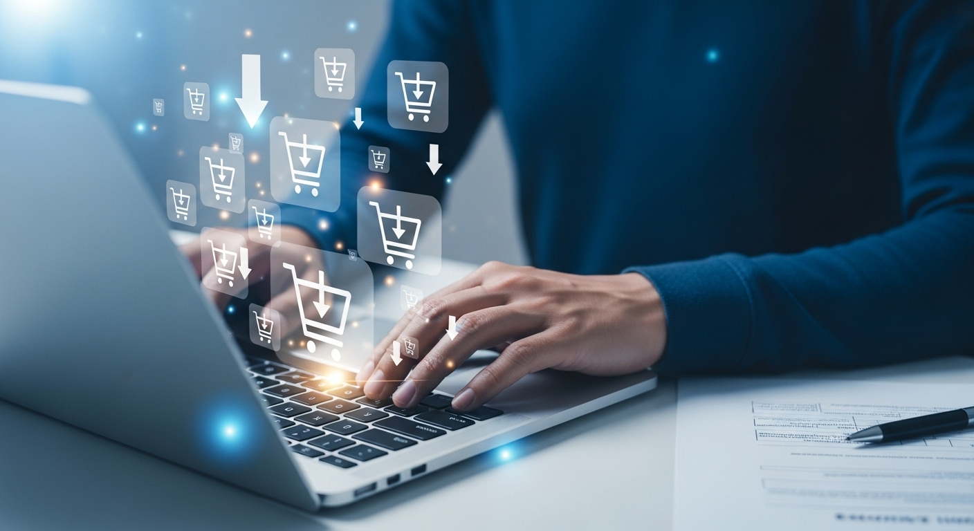 Um homem está sentado em uma mesa, digitando em seu notebook. Acima do teclado, uma série de ícones de carrinhos de compras digitais, acompanhados de setas para baixo, flutua no ar com um brilho de luz. A imagem representa o conceito de vendas online, e simboliza a intensa competição no mercado de e-commerce, onde empresas e empreendedores buscam constantemente atrair clientes e finalizar vendas.