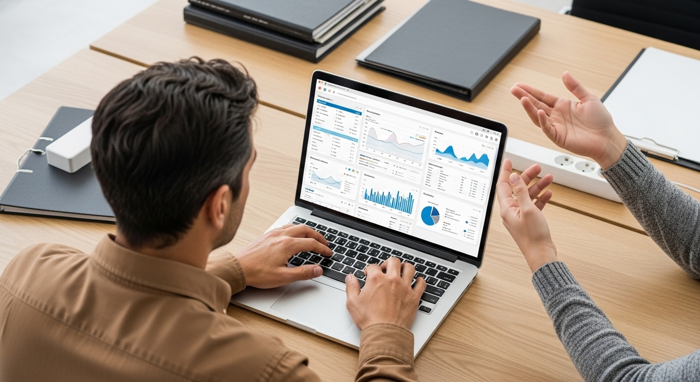 Dois profissionais estão sentados à mesa, olhando para a tela de um laptop que exibe um painel de controle com diversos gráficos e dados. Um deles digita no teclado enquanto o outro gesticula, possivelmente explicando informações ou estratégias. A cena representa a análise de dados e a inteligência de mercado, ferramentas cruciais para entender a competição e tomar decisões estratégicas para se destacar no mercado.